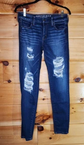 American Eagle Super Stretch Jeggings Women’s size 8 Distressed Dark Wash - Picture 1 of 11