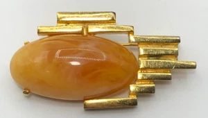 Vintage Art Deco Style Brooch Pin Orange Cabochon Trumbone Clasp Gold Tone - Picture 1 of 8