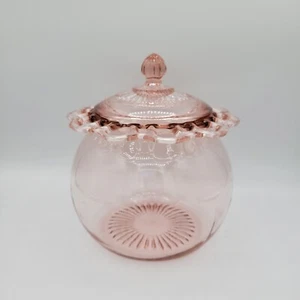 Vintage Deckeldose mit Spitzenrand rosa Depression Glas 30er Jahre Art Deco Sammlerstück - Bild 1 von 8