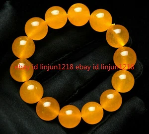 100% Natural 14mm Yellow Topaz Round Gemstone Beads Bracelet 7.5" - Picture 1 of 12