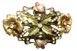 VINTAGE ANTIQUED GOLD RHINESTONE MULTICOLOR FLOWER  BELT BUCKLE - Picture 1 of 7