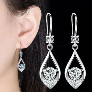 Women 925 Sterling Silver Cubic Zirconia Tear Drop Long Oval Dangle Drop Earring - Picture 1 of 46