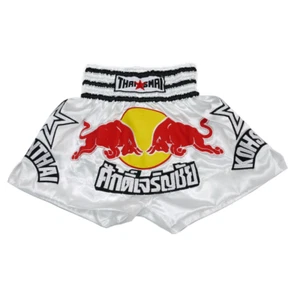 THAISMAI Boxing White Shorts Men MuayThai Red Bull Combat MMA Workout Gym Trunks - Picture 1 of 2