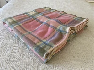 Pure Wool Double Blanket Pink Blue Brown Check Shrunk / Felted 200 cm x 200 cm - Picture 1 of 10