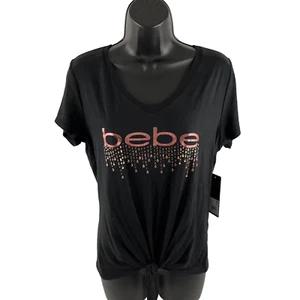 New Women’s Bebe Sport Rhinestone Logo V-Neck T-Shirt Sz S NWT Black Cropped - Picture 1 of 9