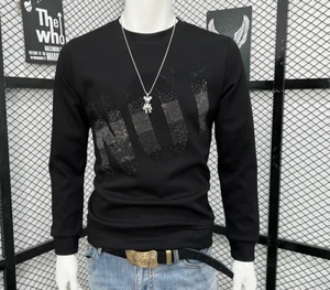 New Men Luxury Diamond Rhinestones Fashion Black White Hoodie High Quality - Picture 1 of 13