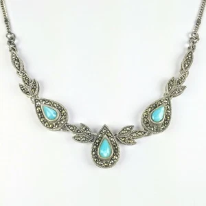 Vintage Marsala Sterlingsilber Markasit & Opak Blau Amazonit Halskette - Bild 1 von 6