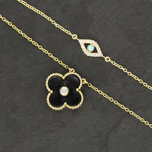 REAL DIAMOND AND TURQUOISE GEMSTONE EVIL EYE CHARM 14K GOLD FINE BRACELET - Picture 1 of 7