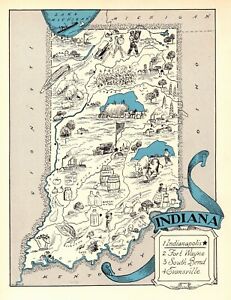 1930s Antique INDIANA Picture Map RARE Animated State Map of Indiana BLU 9724