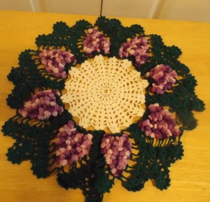 Vtg Hand Crochet Doilies Doily Purple 3 D Grape Cluster 13.5" Diameter - Picture 1 of 3