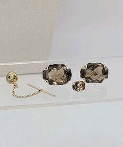 Vintage Swank Limited Edition Smokey Quartz Cufflinks & Tie Tack 18k Gold Plated - Picture 1 of 24