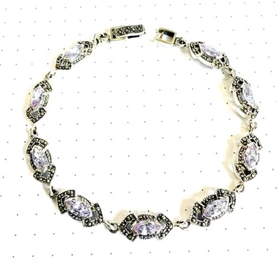 PULSERA EXQUISITA PIEDRAS AMATISTA Marcasita .925 PLATA ESTERLINA (7,25 pulgadas L) Foto 1 de 4