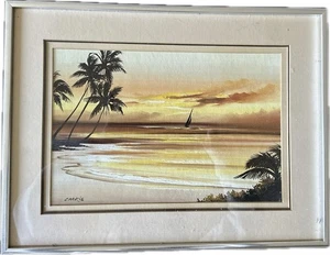 Vintage Hawaiian Sunset Beach Painting by CHARIE  - Picture 1 of 2