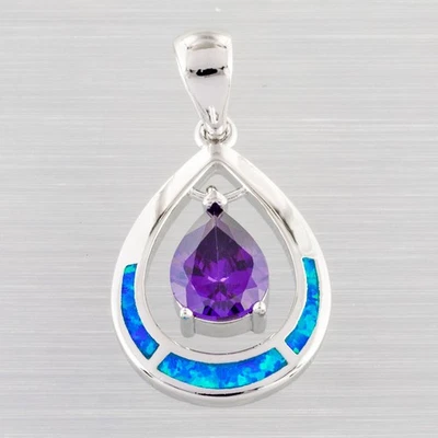 Collar colgante 7x9 amatista simulada océano azul ópalo de fuego plata joyería Foto 1 de 4