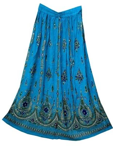 Sky Blue Sequin Crinkle Broomstick Gypsy Long Skirt Boho Hippie Ethnic Skirt - Picture 1 of 2