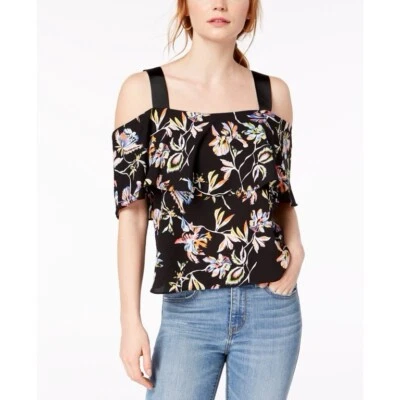 Blusa/top Bar III negro floral hombro frío manga volantes. Talla L. ¡NUEVO CON ETIQUETAS! Foto 1 de 4