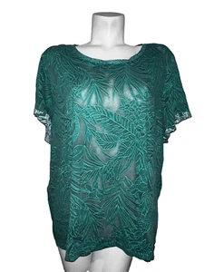 JUNAROSE Top Women's Size 3X Green Semi-Sheer Floral Short Sleeve Shirt Blouse - Picture 1 of 6