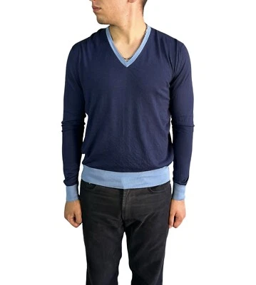 Prada Mens Sweater Long Sleeve V-Neck Cashmere Pullover Blue Size 52 - Image 1 of 4