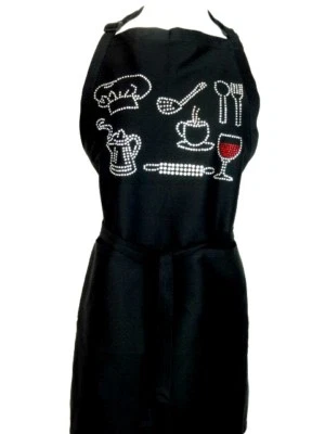Apron Black One Size Hand Embellished Rhinestone Cooks Chef Utensils Design - Image 1 of 3