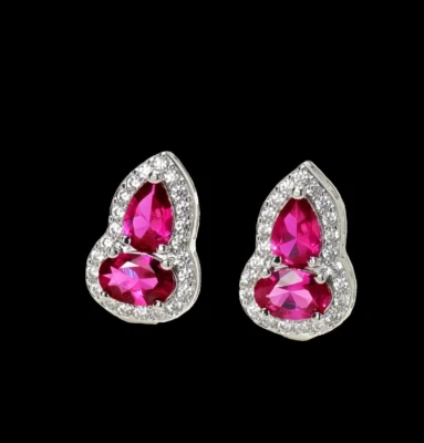 925 Sterling Silver 4x6mm Ruby Sapphire 1/2'' Halo Earrings Gemstone - Image 1 of 3