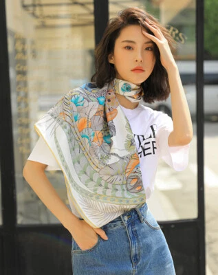 Pure 14~18 Momme Twill Silk Wrap Scarf Bandanna Feather Print Square Shawl 35" - Image 1 of 4