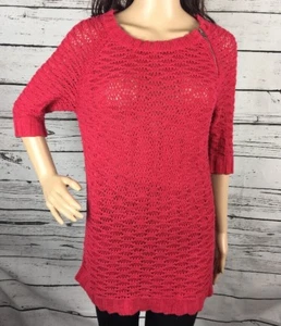 Ann Taylor LOFT Sweater Medium Cranberry Red Open Knit Short Sleeve Zipper Style - Picture 1 of 12