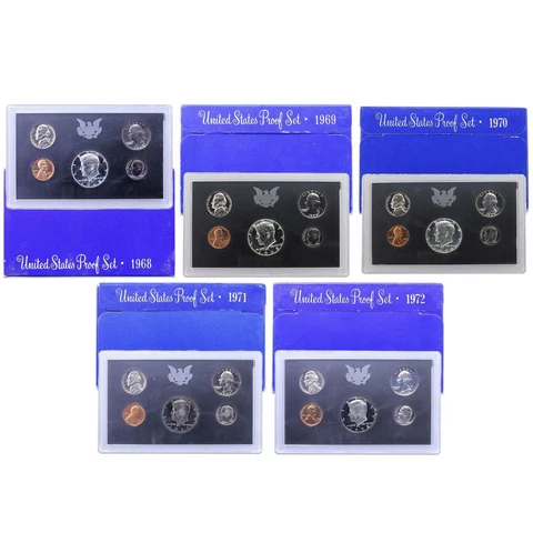 1968-1972 Proof Set Run Original Blue Box 5 Sets 25 Coin Lot US Mint Cover