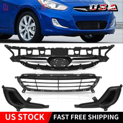 Parachoques delantero Hyundai Accent 2014-2017 4 piezas parrilla inferior superior y bisel antiniebla NUEVO EE. UU. Foto 1 de 4