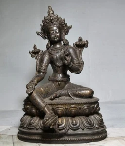 Antiguo templo budista tibetano de 8" estatua de bodhisattva verde dorado de bronce - Imagen 1 de 9