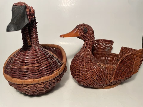 Vintage Woven Wicker Rattan Figural Goose Duck Shaped Open Baskets lot of 2 Cover
