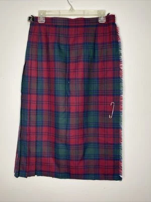 Pitlochry Pleated Wrap Skirt Wool Blackwatch Buckle Scotland Maroon Plaid 16 - Image 1 of 4