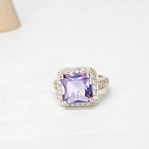 Vintage Chunky Amethyst Square Halo White CZ Cocktail Statement Deco Ring Sz 8  - Picture 1 of 6