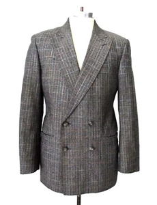 Vtg 80s New Wave Gray Colorful Check Poly Silk Double Breasted Blazer Jacket 40R - Picture 1 of 7