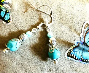 VICTORIANA STIL OHRRING 925 SILBER HAKENDRAHT UND TÜRKIS STEIN - Bild 1 von 3