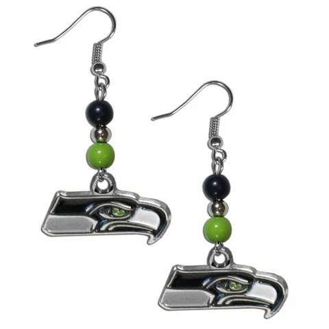 Seattle Seahawks Dangle Earrings Fan Beads w/ Charm NFL Football Jewelry Cover
