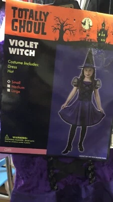 Disfraz de Bruja Violeta Halloween Vestido Púrpura Sombrero Totalmente Ghoul Niñas Talla Pequeña Foto 1 de 2