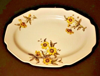 Oval Serving Platter Thanksgiving sunday dinner White ceramic yellow floral Vint - Image 1 of 3