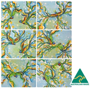 6 PLACEMATS + 6 COASTERS - AUSTRALIAN, RAINBOW LORIKEET BIRDS, WATERPROOF - Picture 1 of 8