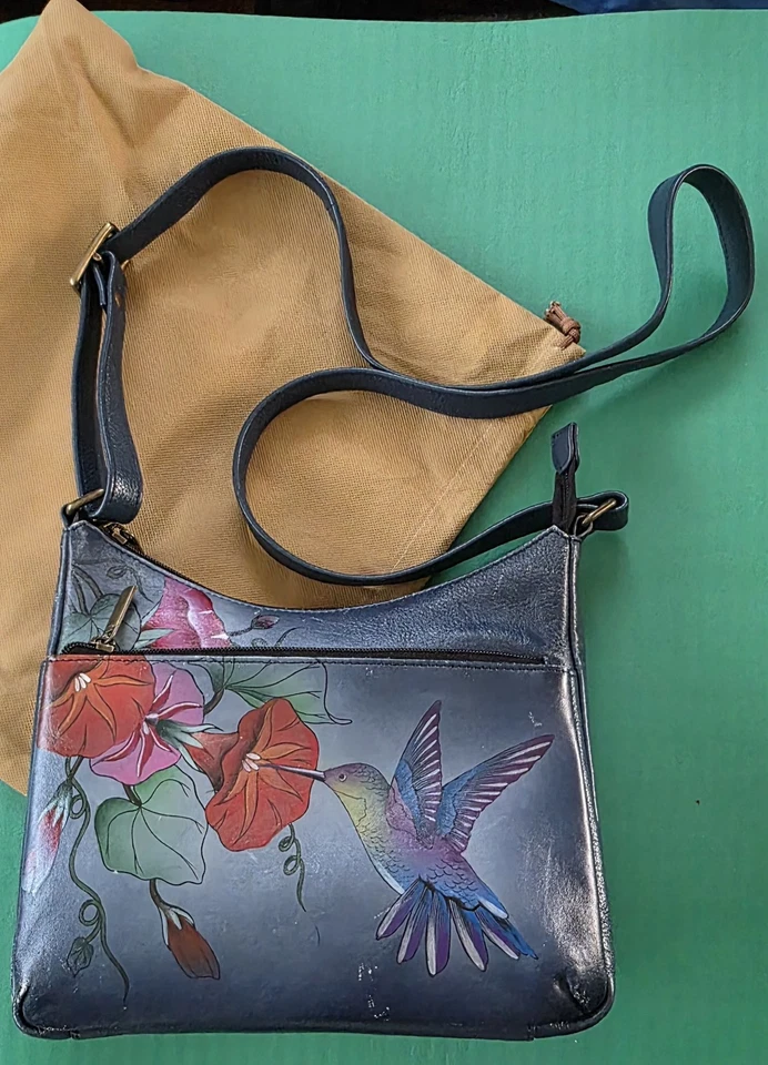 Bolsa de mão Anna by Anuschka bolso beija-flor azul usada boas flores  - Imagem 1 de 4