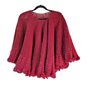 Poncho de ganchillo hecho a mano chal tejido borgoña capas talla libre años 70 hippie bruja - Imagen 1 de 8