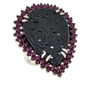 Rarities Sterling Silver Pear Shaped Carved Black Onyx Ring Size 5 - Picture 1 of 2