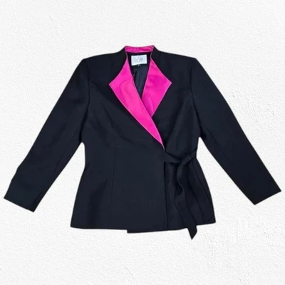Blazer Traje Eléctrico Vintage Años 80 Negro Rosa Satinado Solapa Envolvente Cuello en V Talla 8P Foto 1 de 4