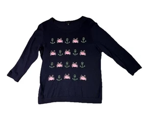 Talbots Sweater Women Medium Navy Blue Knit Crab Anchor Embellished Nautical - Picture 1 of 10