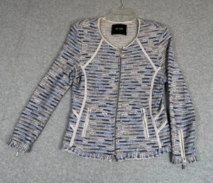 NIC&ZOE Tweed Jacket Zipper Pockets & Cuffs Leather Trim Size P Small Blue Gray - Picture 1 of 17
