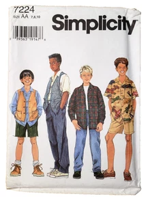 Simplicity Pattern 7224 Boy's Retro 90's Shirt Vest Pants Shorts Sizes 7 8 10 - Picture 1 of 4