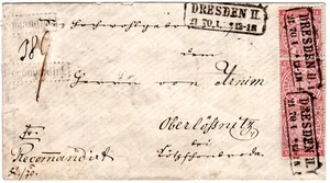 Sassone 1870. 3x1 mis. su lettera raccomandata con riconsegna Sassonia-R2 Dresda II - Foto 1 di 2