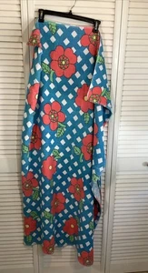 Vintage 60s Cotton Terrycloth Picnic Tablecloth Turquoise Blue FLOWERS 60x50 - Picture 1 of 11