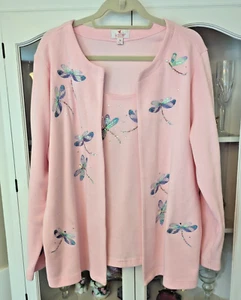Quacker Factory Sweater Womens 1X Pink Dragonfly Beaded Cardigan Sweater - Picture 1 of 10