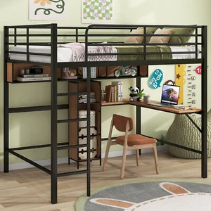 Full Size Metal and Wood Loft Bed Frame with L -shaped Desk Shelves Guardrails - Picture 1 of 8