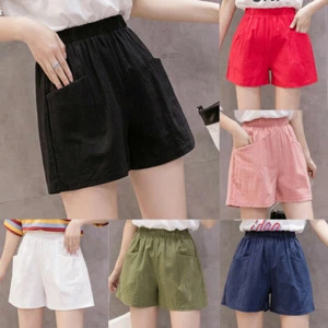 Women Ladies High Waist Linen Loose Casual Wide Leg Linen Loose Pants Shorts - Picture 1 of 35